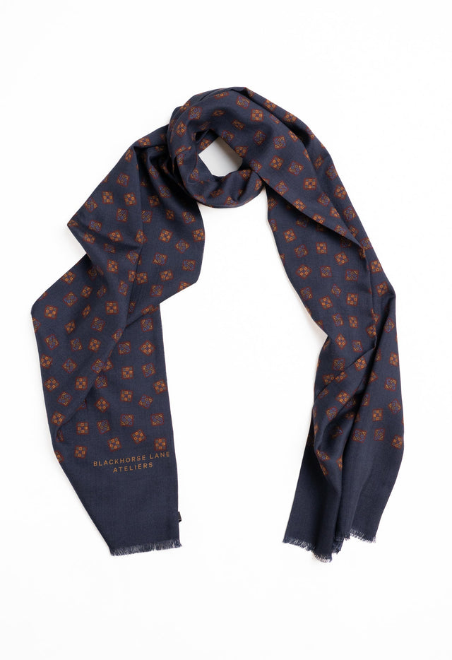 Navy Geometric Motif Wool Silk Scarf