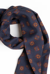 Navy Geometric Motif Wool Silk Scarf