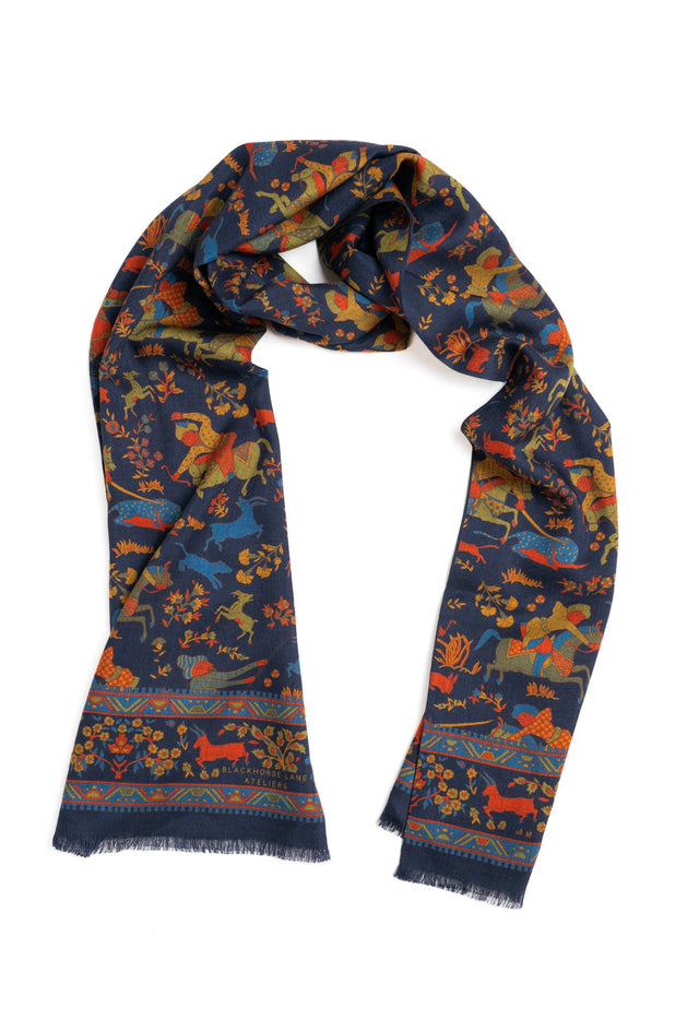 Navy Hunting Archers Wool Silk Scarf