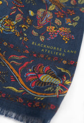 Navy Peacock and Floral Wool Silk Scarf