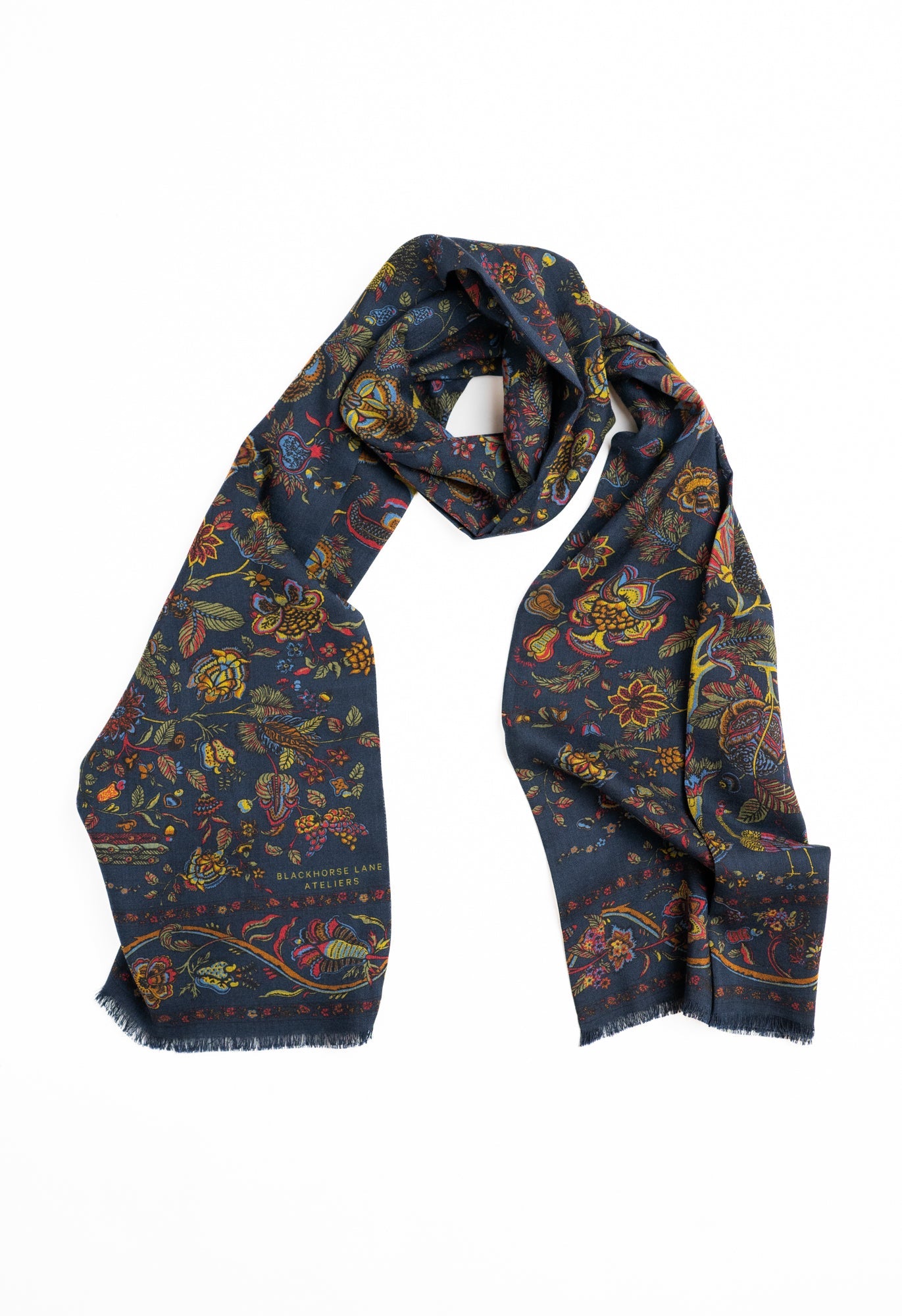 Navy Peacock and Floral Wool Silk Scarf
