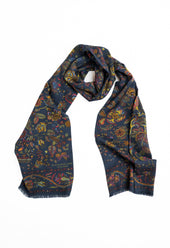 Navy Peacock and Floral Wool Silk Scarf