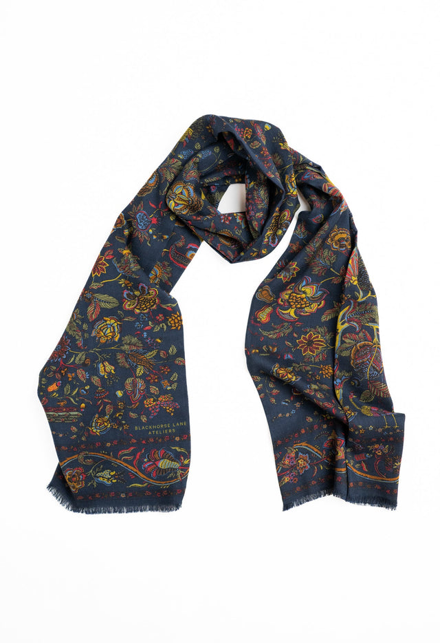 Navy Peacock and Floral Wool Silk Scarf