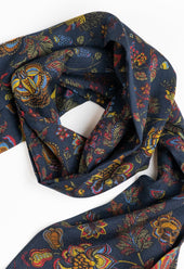 Navy Peacock and Floral Wool Silk Scarf