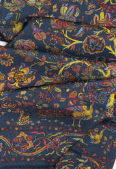Navy Peacock and Floral Wool Silk Scarf