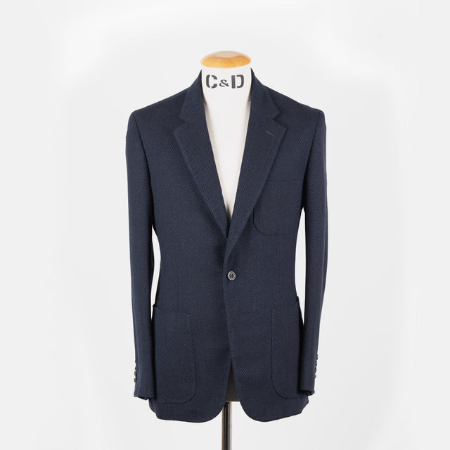 Single Breasted Cardigan Jacket in Navy Herringbone Jersey