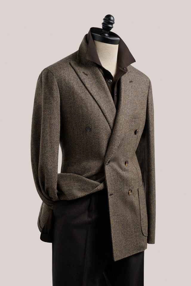 Naples Double-Breasted Blazer - Wool/Cashmere - Brown Herringbone