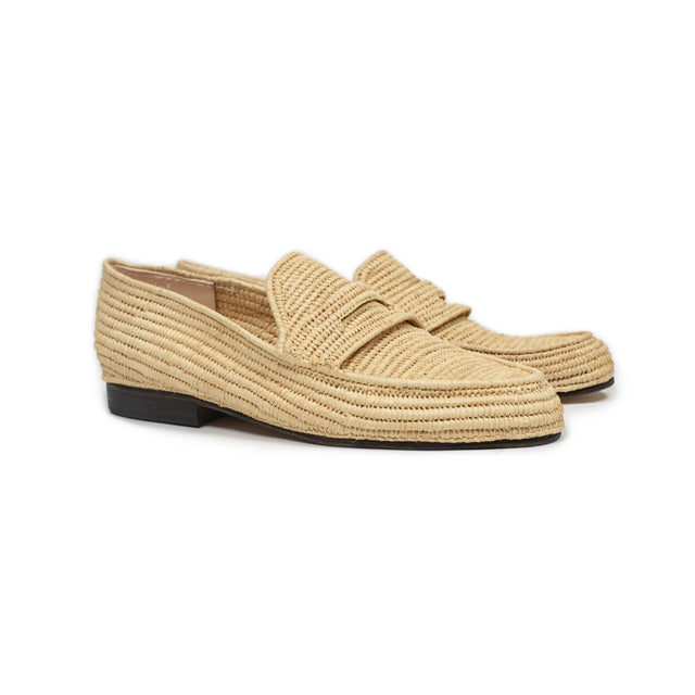 Handmade Moroccan raffia penny loafers, natural