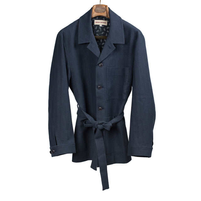 Belted Atelier Jacket in navy herringbone linen