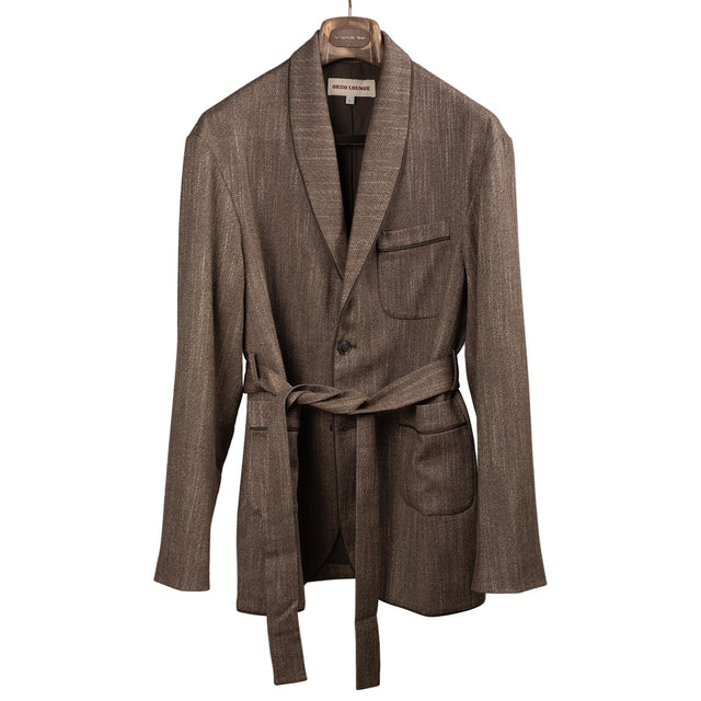Padma piped smoking jacket in brown mix wool, rayon, and poly