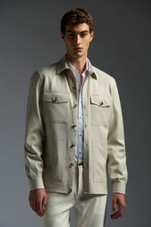 Comfort Denim Effect Wool Silk and Linen Four Pockets Overshirt