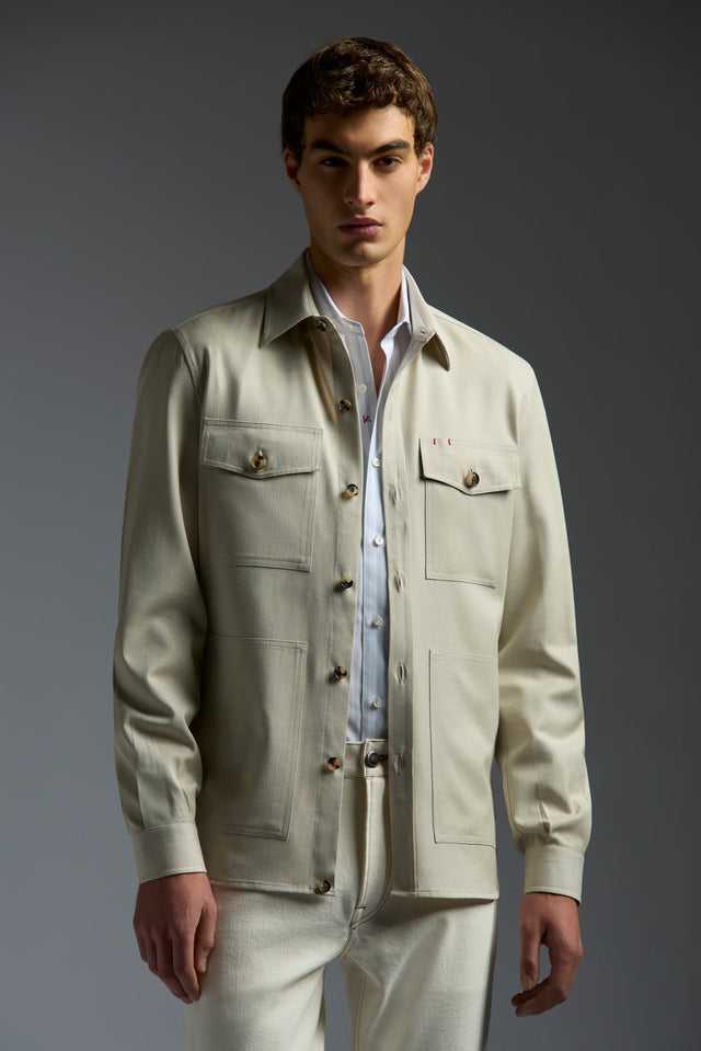 Comfort Denim Effect Wool Silk and Linen Four Pockets Overshirt