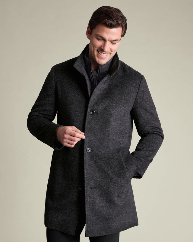 Pure Wool Funnel Neck Overcoat - Charcoal