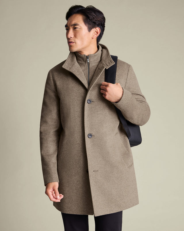 Pure Wool Funnel Neck Overcoat - Oatmeal