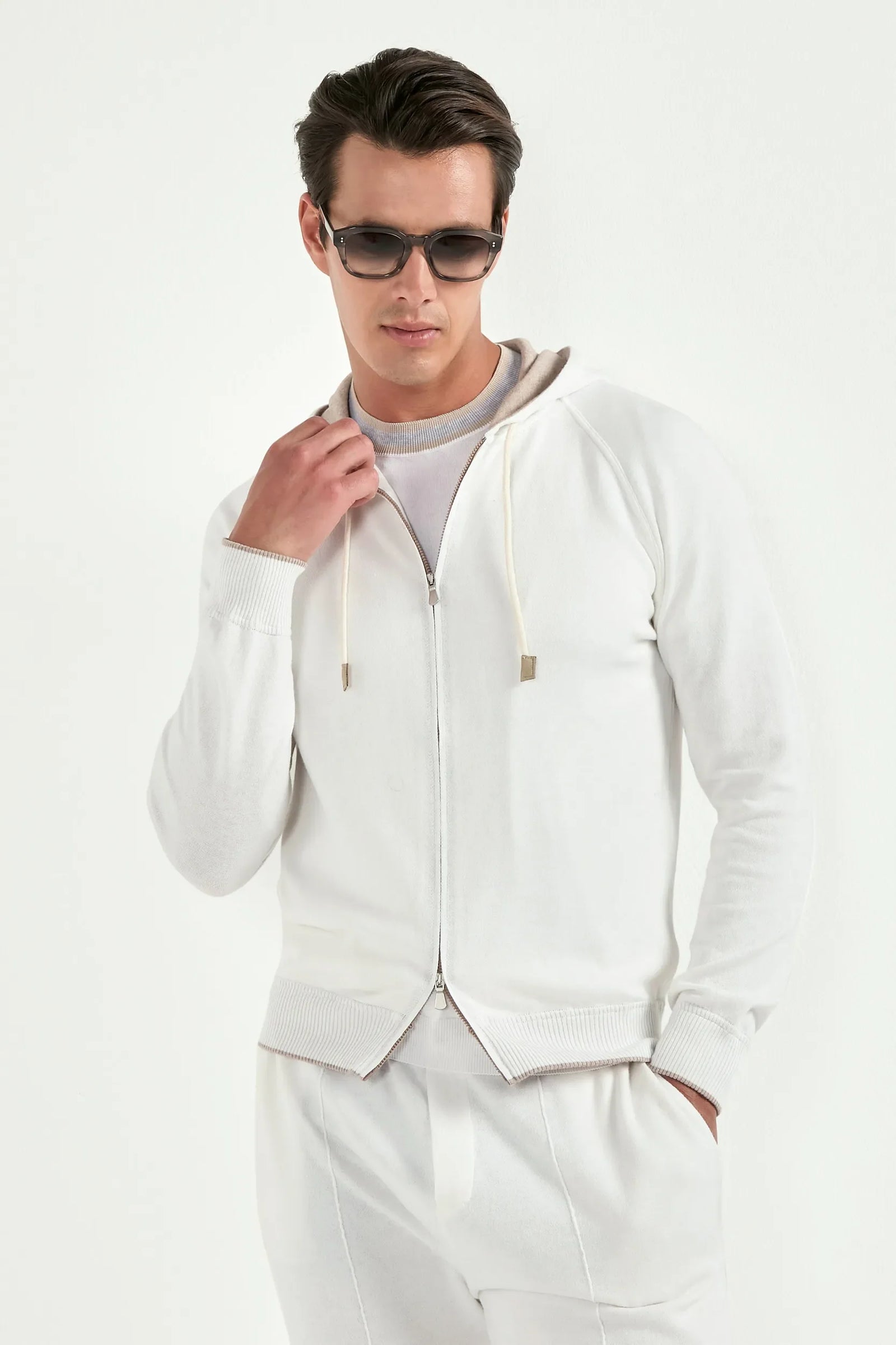 Off White Cashmere Blend Hoodie Made In Italy
