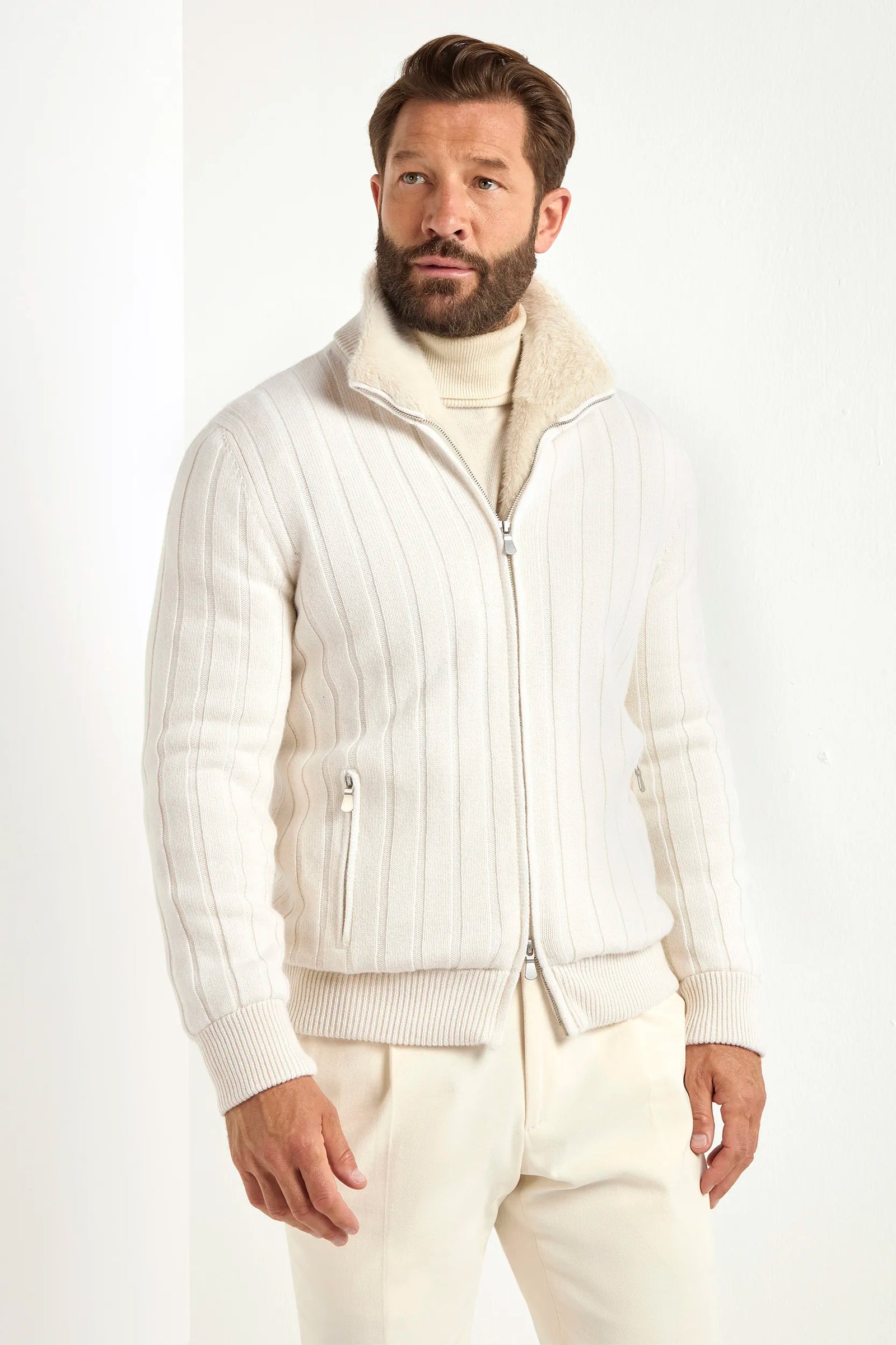 Off White Ribbed Cashmere Bomber With Fur Made In Italy