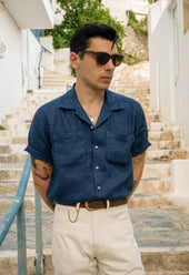Men's Open Collar Linen Shirt - Navy