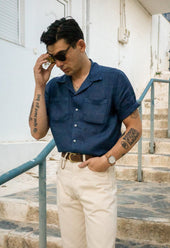 Men's Open Collar Linen Shirt - Navy