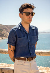 Men's Open Collar Linen Shirt - Navy