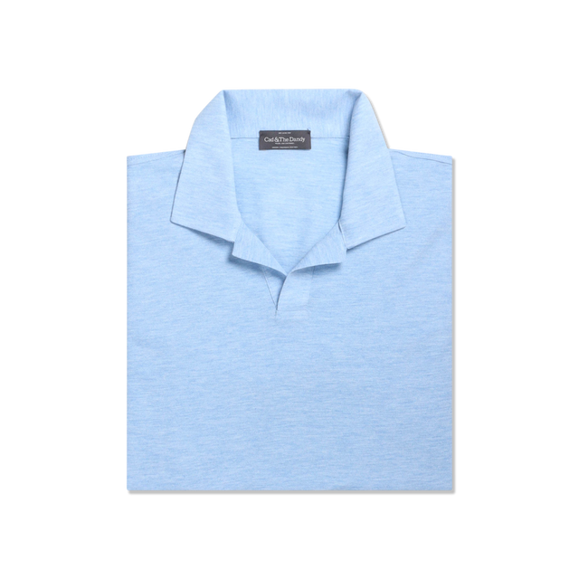 Open Collar Polo in Azure Cotton Pique