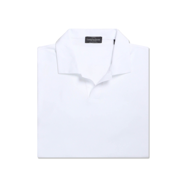 Open Collar Polo in White Cotton Pique