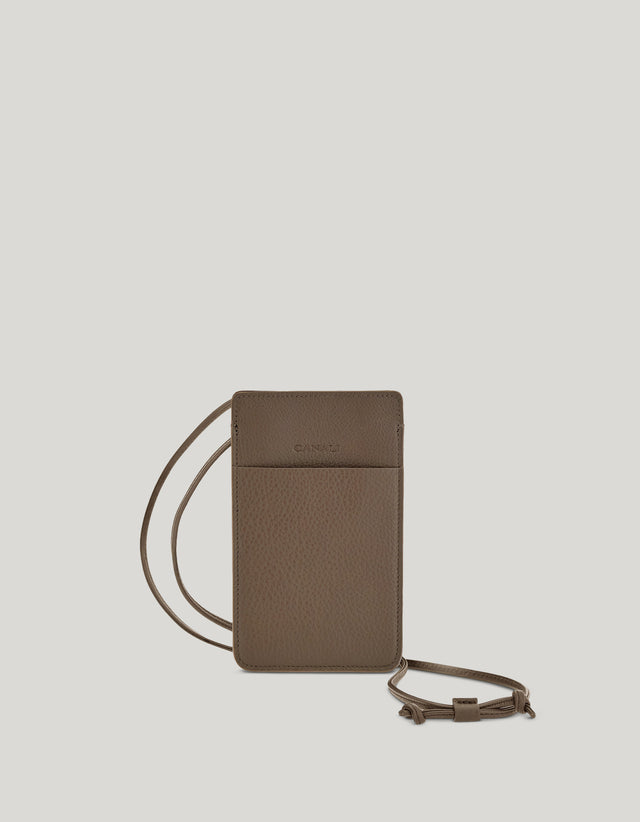 Hazelnut smartphone holder in tumbled calfskin with tubular shoulder strap