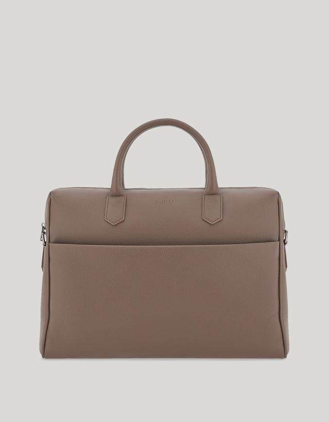 Hazelnut briefcase in tumbled calfskin with removable shoulder strap