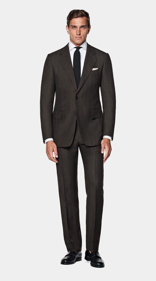 Dark Brown Herringbone Tailored Fit Milano Suit