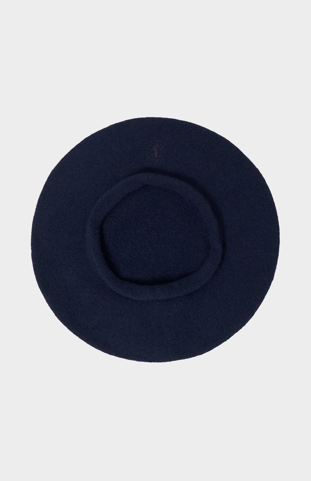 Cashmere Beret In Navy Melange With Lion Embroidery