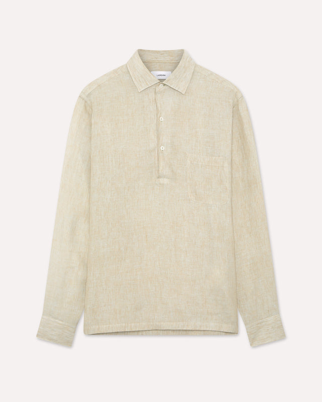Camicia polo in lino delavé beige e salvia