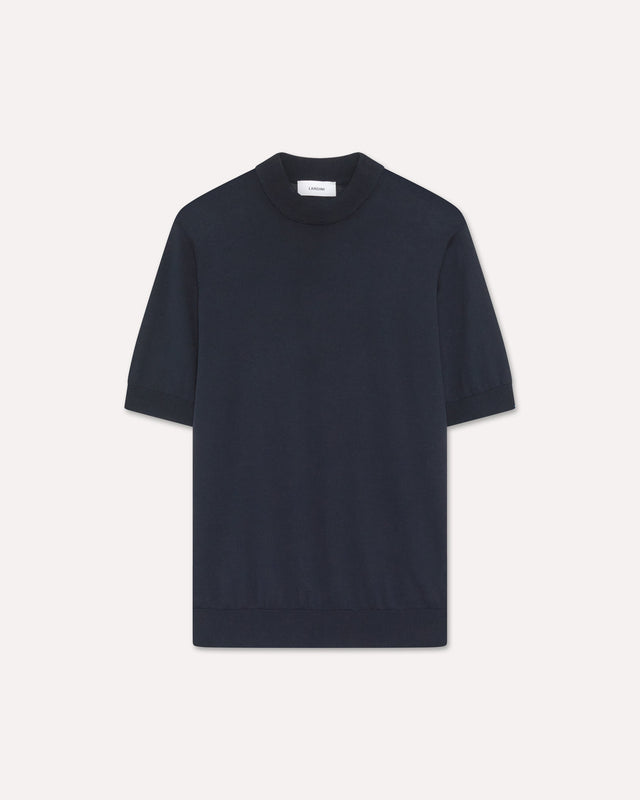 T-shirt in maglia blu con collo a lupetto
