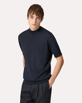 T Shirt In Maglia Blu Con Collo A Lupetto