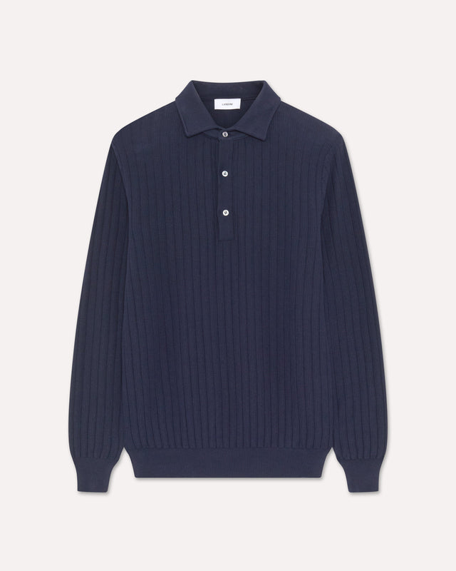 Polo a manica lunga in maglia di cotone blu