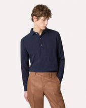 Polo A Manica Lunga In Maglia Di Cotone Blu