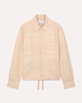 Camicia boxy panna con coulisse in lino cotone a disegno finestrato irregolare blu