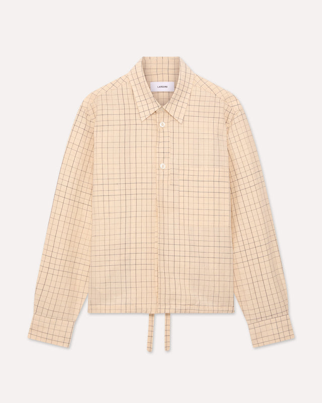 Camicia boxy panna con coulisse in lino cotone a disegno finestrato irregolare blu