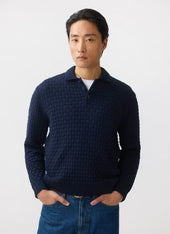 Archer Basketweave Long Sleeve Knitted Shirt | Cotton | Navy