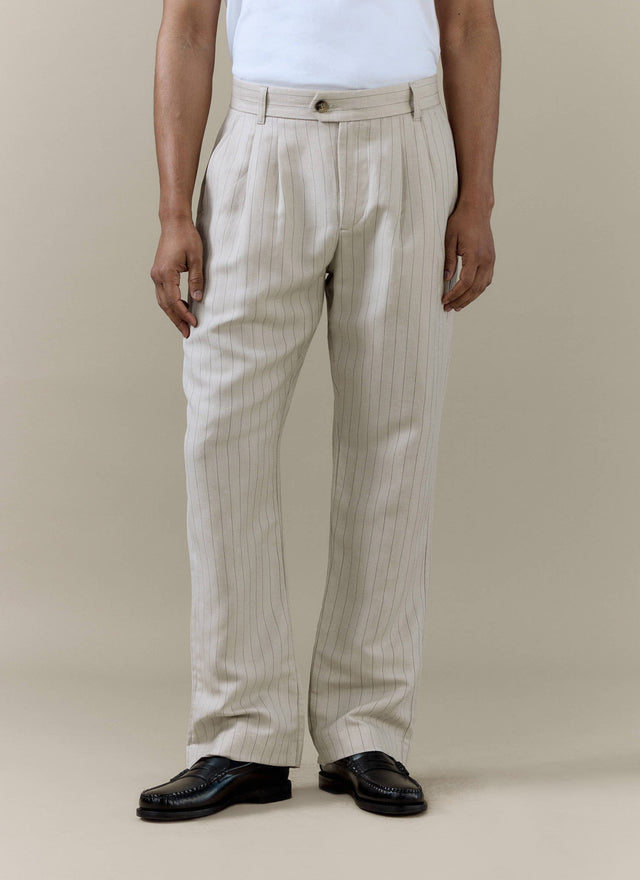 Striped Pleated Tailored Trousers | Linen Blend | Cream