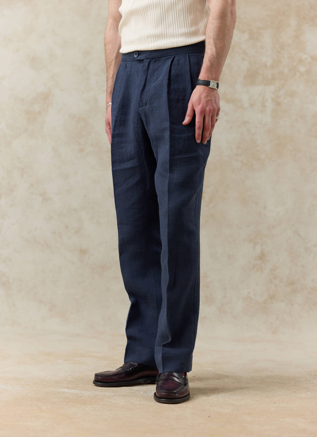 Pleated Tailored Trousers | Linen | Navy
