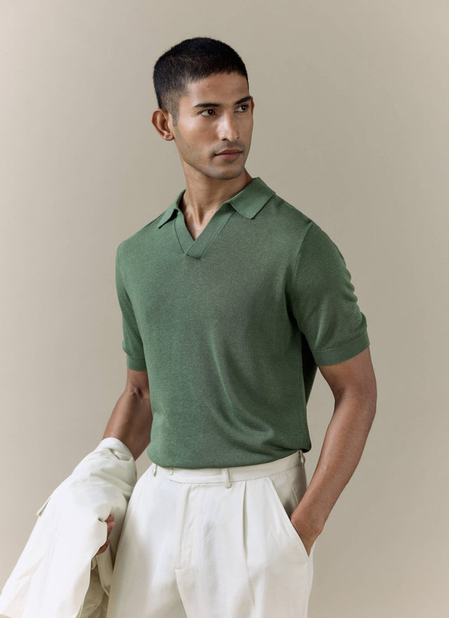 Laurence Knitted Polo | Linen Lyocell Blend | Forest