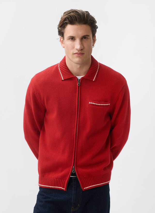 Gardner Dense Knitted Zip Cardigan | Cotton | Red