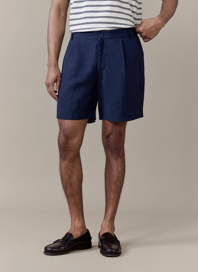 Pleated Tailored Shorts | Linen | Navy