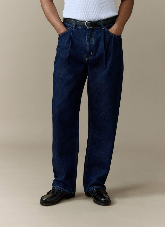 Pleated Denim Jeans | Cotton | Dark Indigo Blue