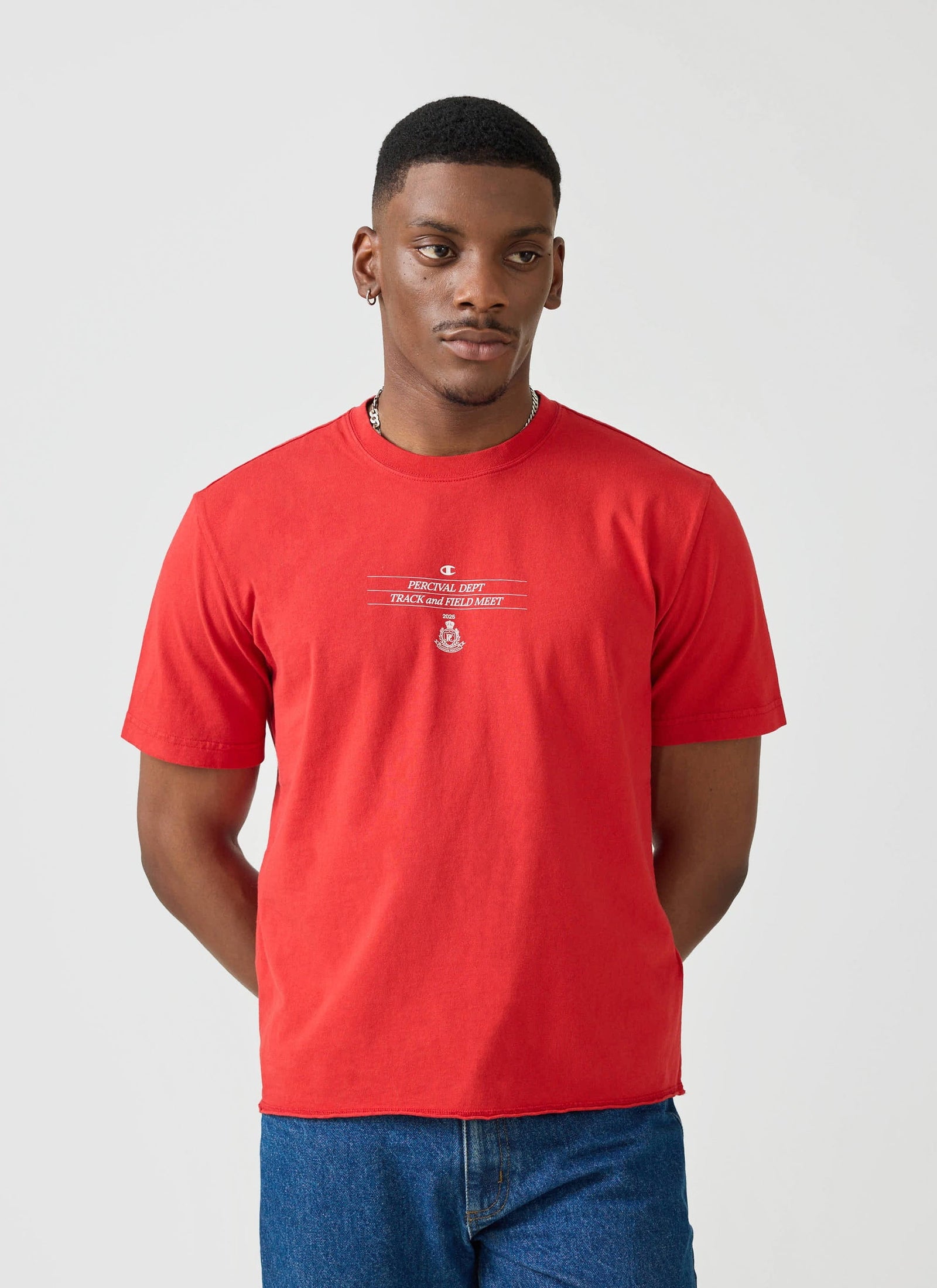 Track And Field Raw Hem T Shirt Champion X Percival Red