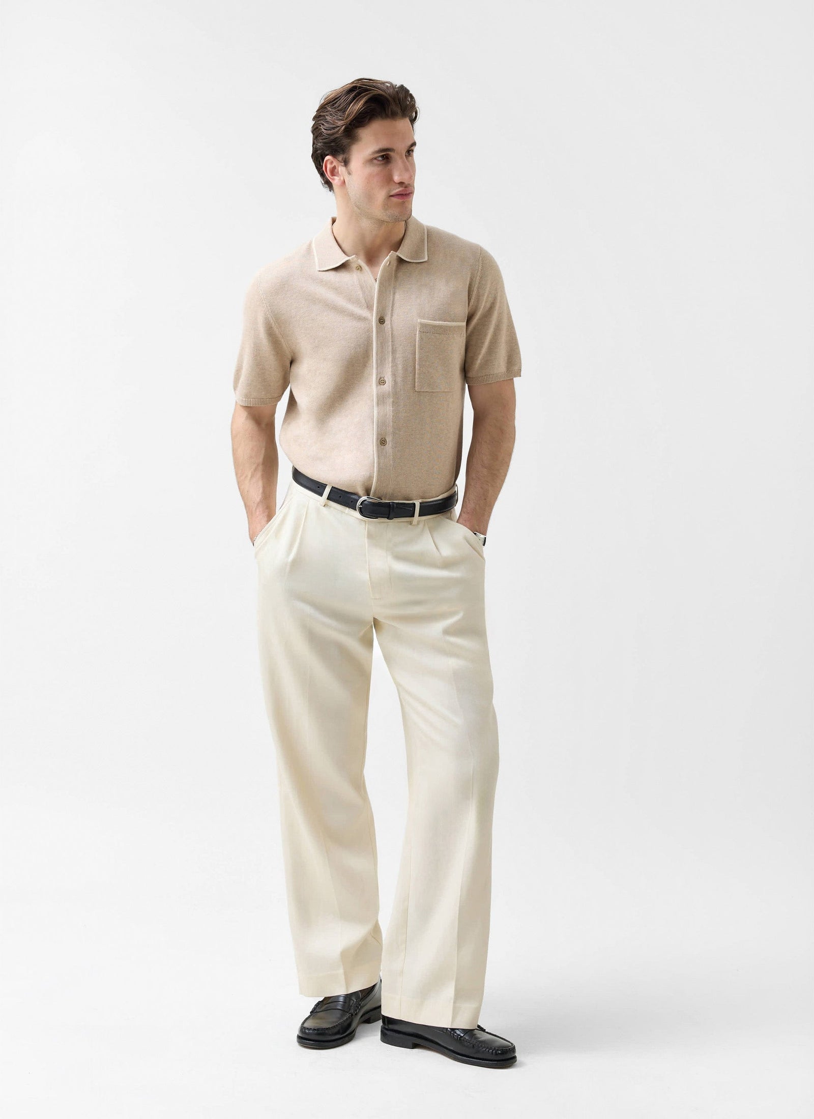 Contrast Trim Regular Knitted Shirt Wool Beige