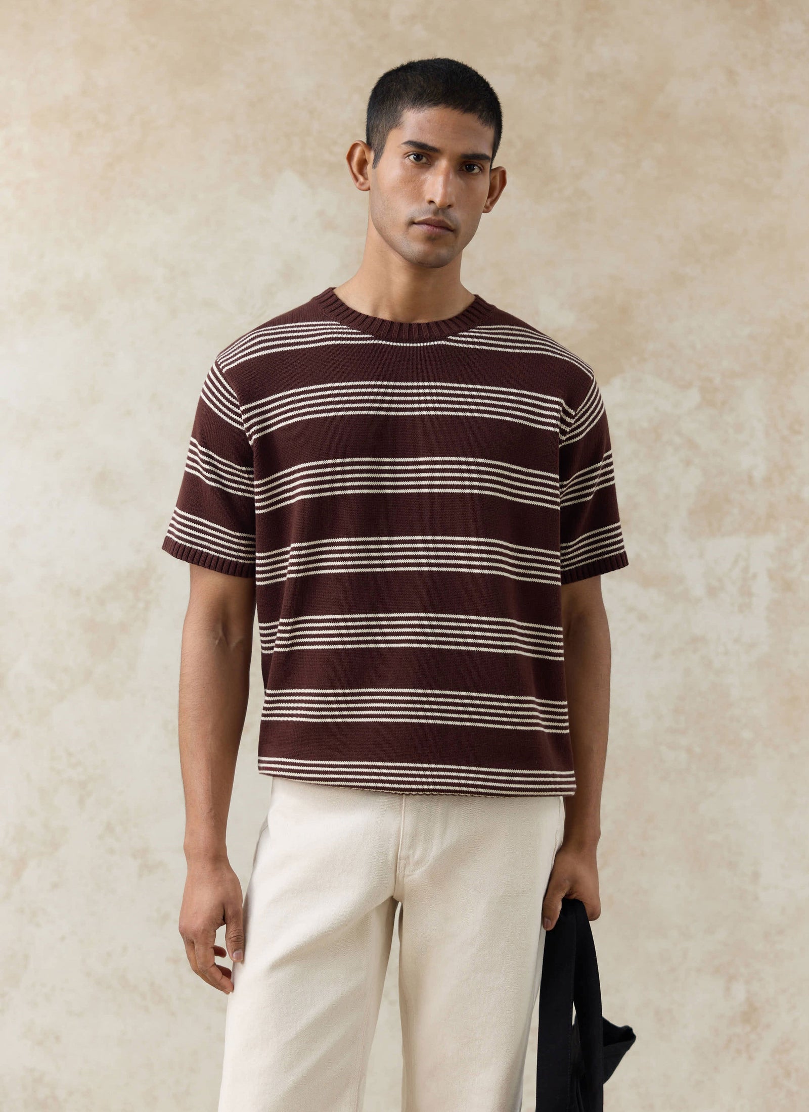 Fiction Striped Knitted T Shirt | Cotton | Espresso