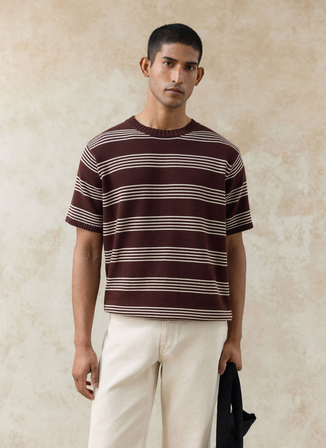 Fiction Striped Knitted T Shirt | Cotton | Espresso