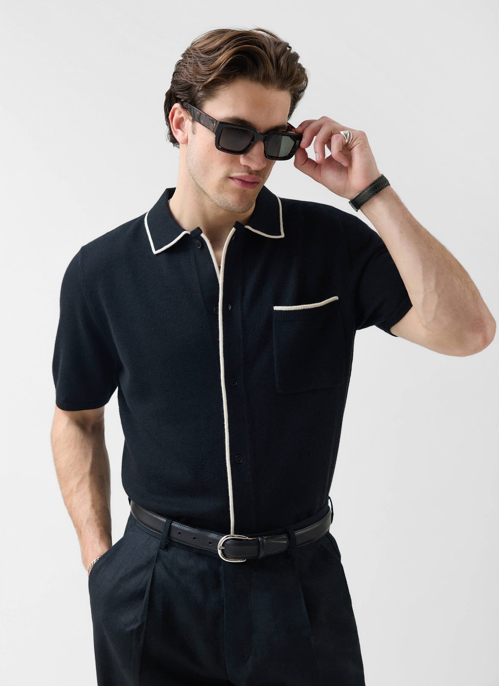 Contrast Trim Regular Knitted Shirt Wool