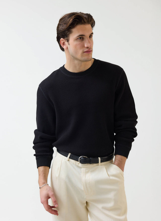 Waffle Long Sleeve T Shirt | Cotton | Black