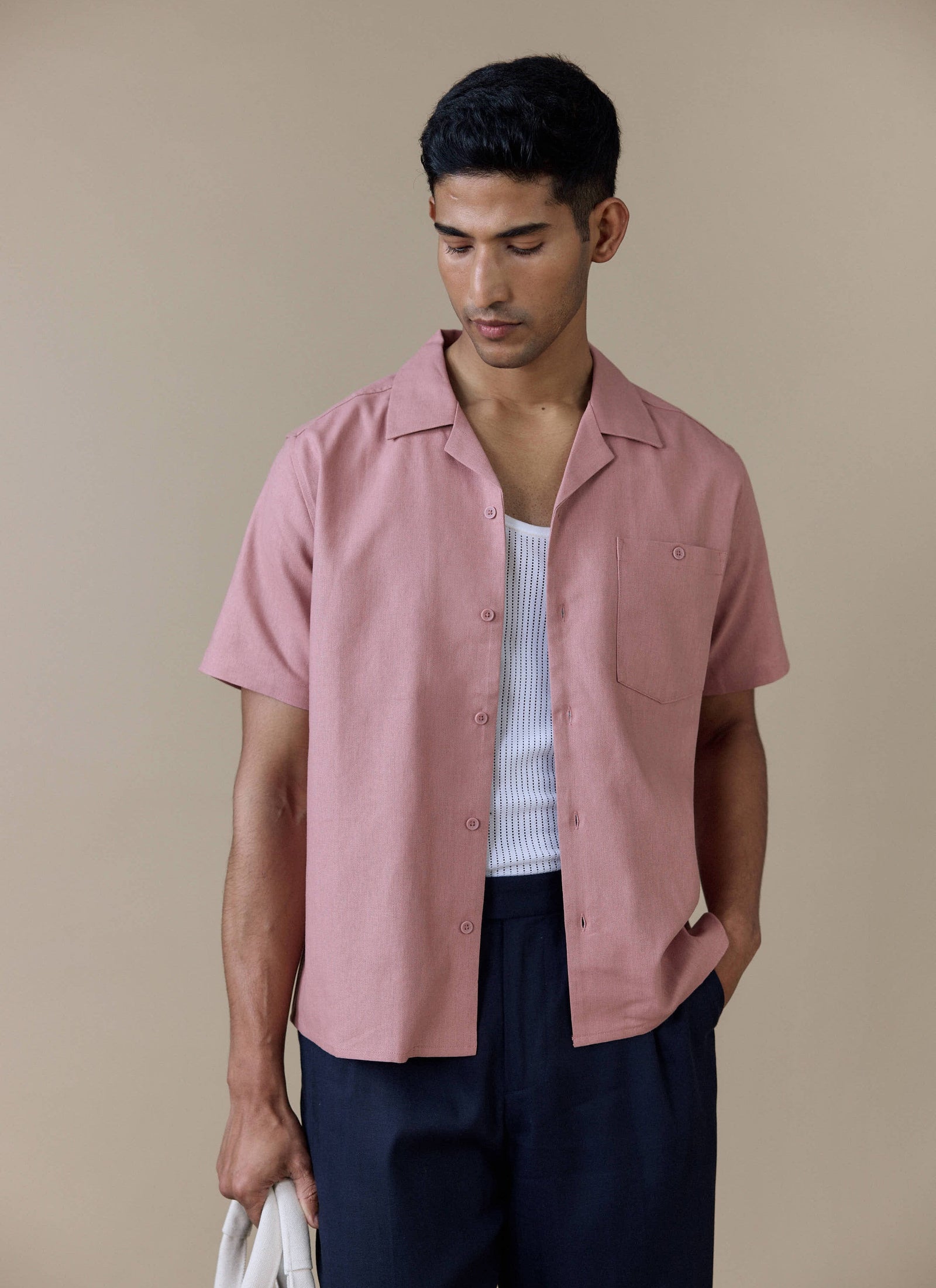 Short Sleeve Cuban Shirt Linen Pink